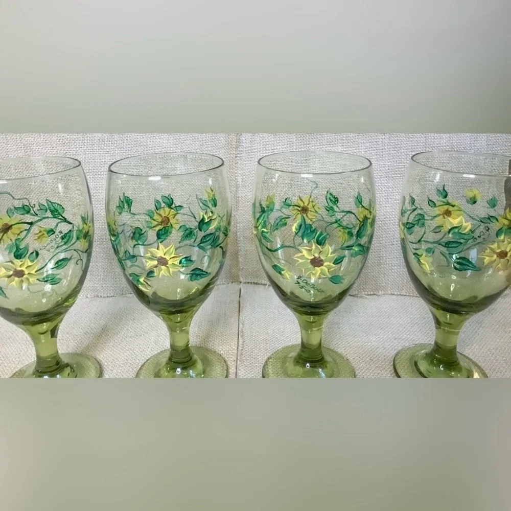 Hand Painted Sunflowers Glass Water Goblet Set Farmhouse Rustic Cottagecore